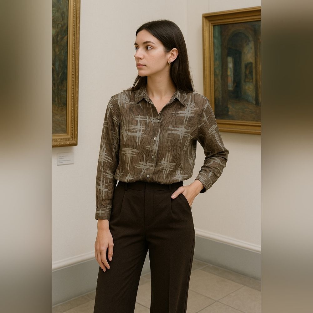 Vtg Button Up Lightweight Crinkle Top XS Shoulder Pads Teacher Dark Academia